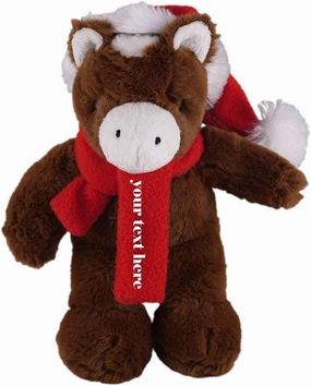 Plushland Customize Soft Xmas Plush Stuffed Animal Gift with Red and White Santa Hat and Winter Scarf 12 Inch, Holiday Toys Personalized Gift - Great Present for Christmas (Horse)