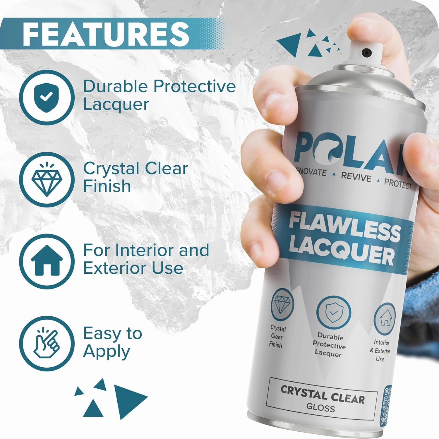 Polar Clear Gloss Flawless Lacquer Spray - 2 x 13.5fl. oz - Clear Coat Spray Paint - Non-Yellowing & Scratch Resistant - Interior & Exterior Surfaces for Wood, Metal, Plastics, Glass & Ceramics