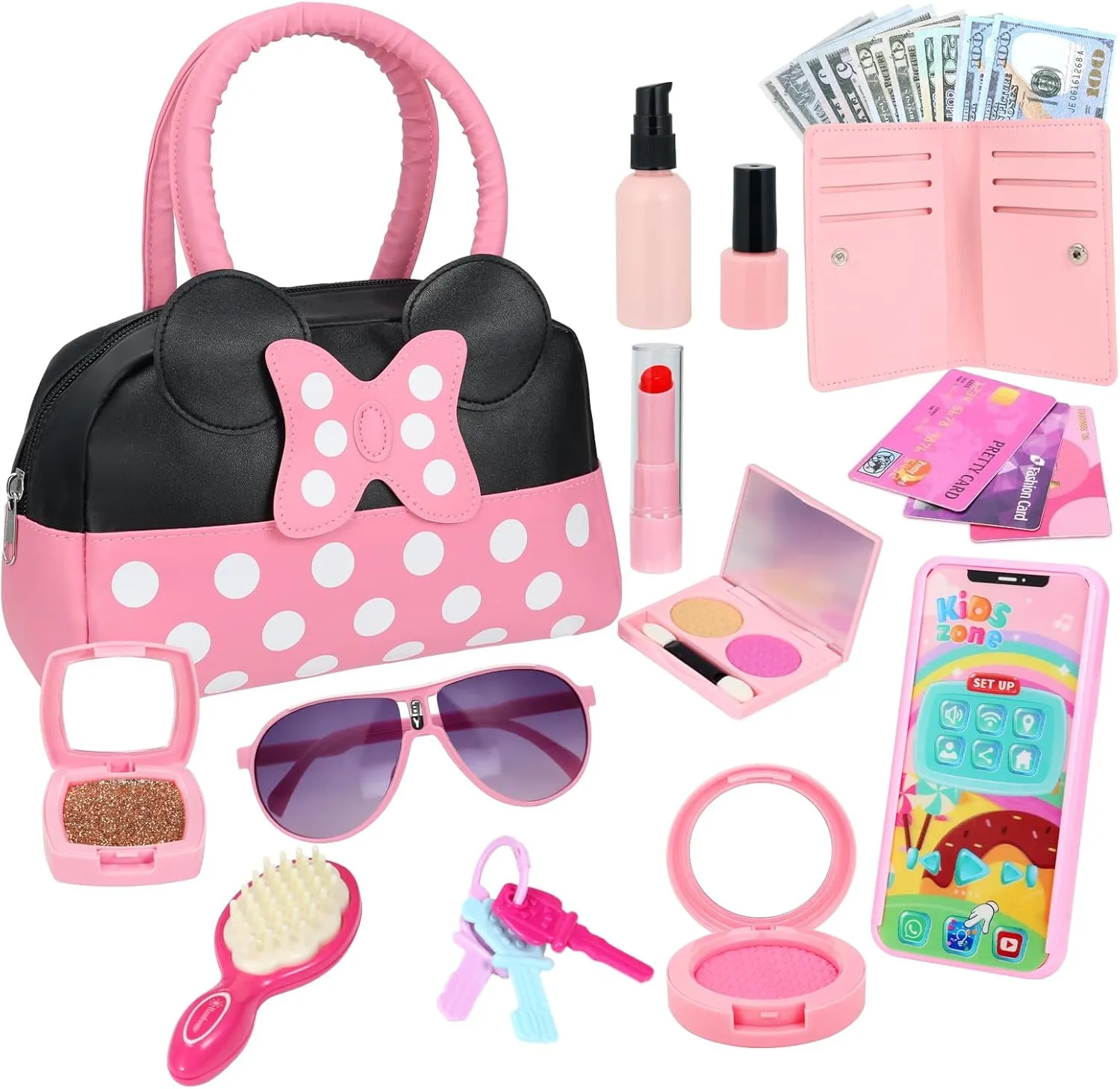 Pretend Play Purse for Little Girls, Toddler Purse with Pretend Makeup Toys for Toddlers, Princess Pretend Play Purse Toys with Accessories, Kids Purse Toy Birthday Gift for Girls Age 3 4 5 6 