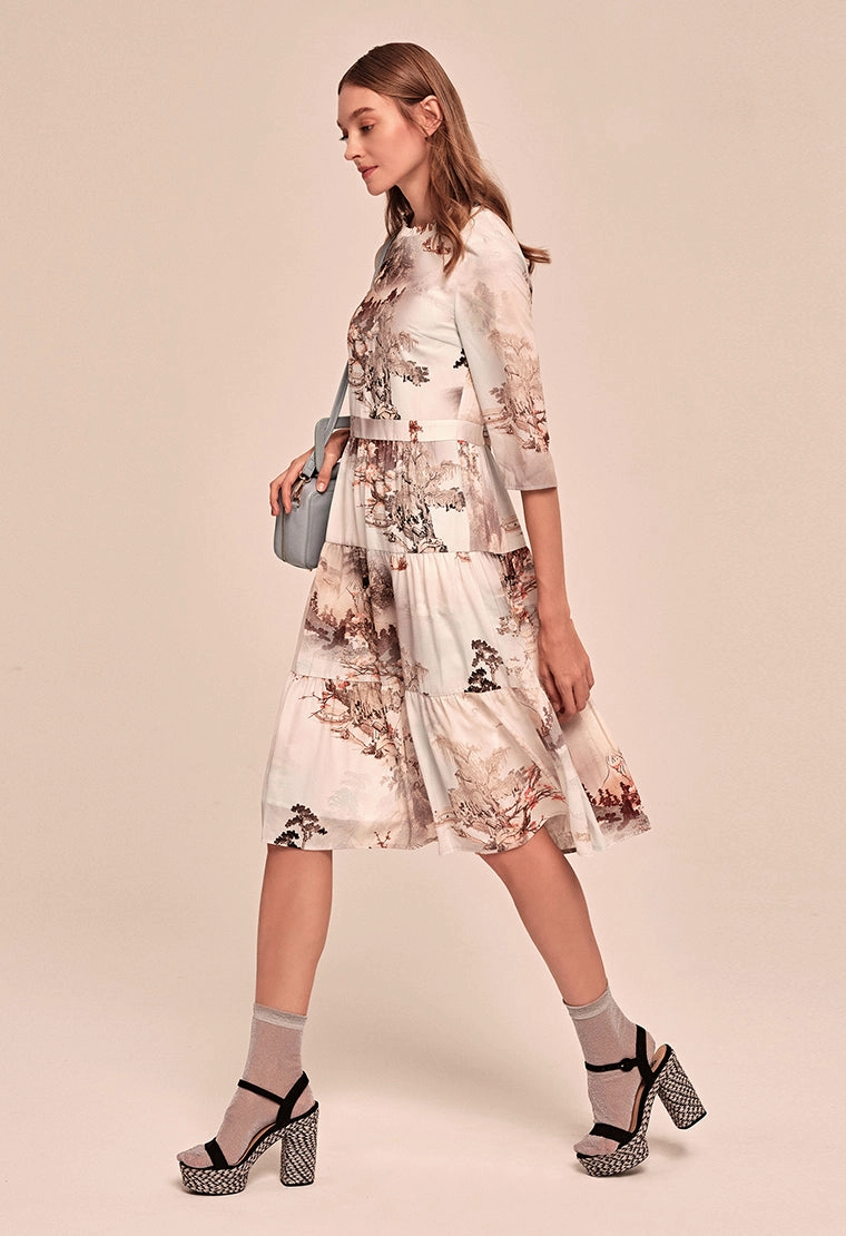 Printed pattern mid-sleeve satin tiered dress