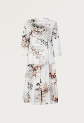 Printed pattern mid-sleeve satin tiered dress
