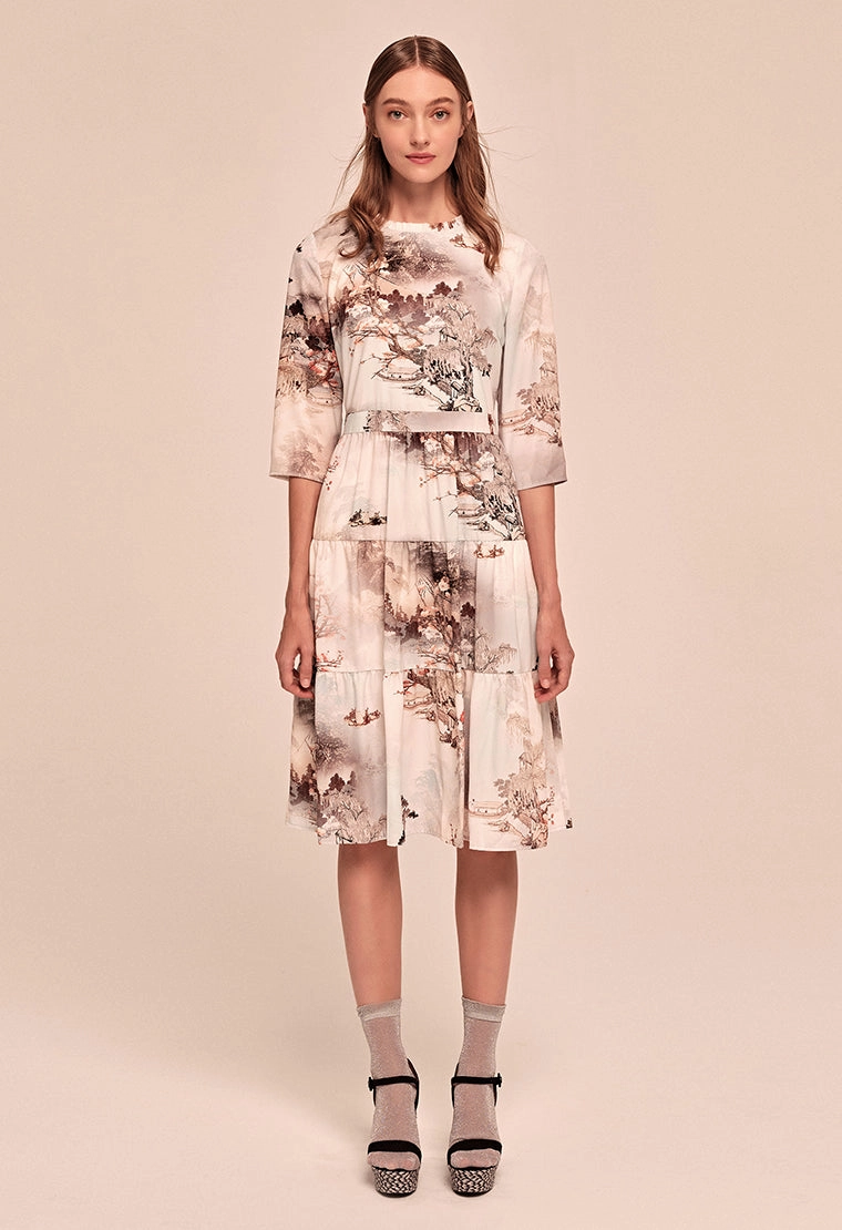 Printed pattern mid-sleeve satin tiered dress