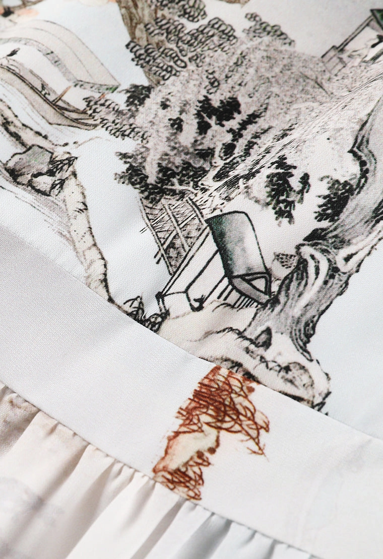 Printed pattern mid-sleeve satin tiered dress