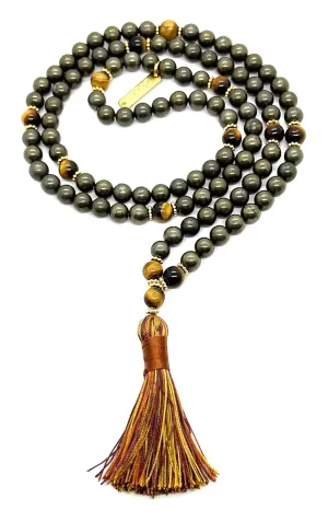Pyrite Tiger's Eye Mala Necklace - August Birthstone - Leo Sun Sign - Root & Solar Plexus Chakra - 8mm, 108 Beads