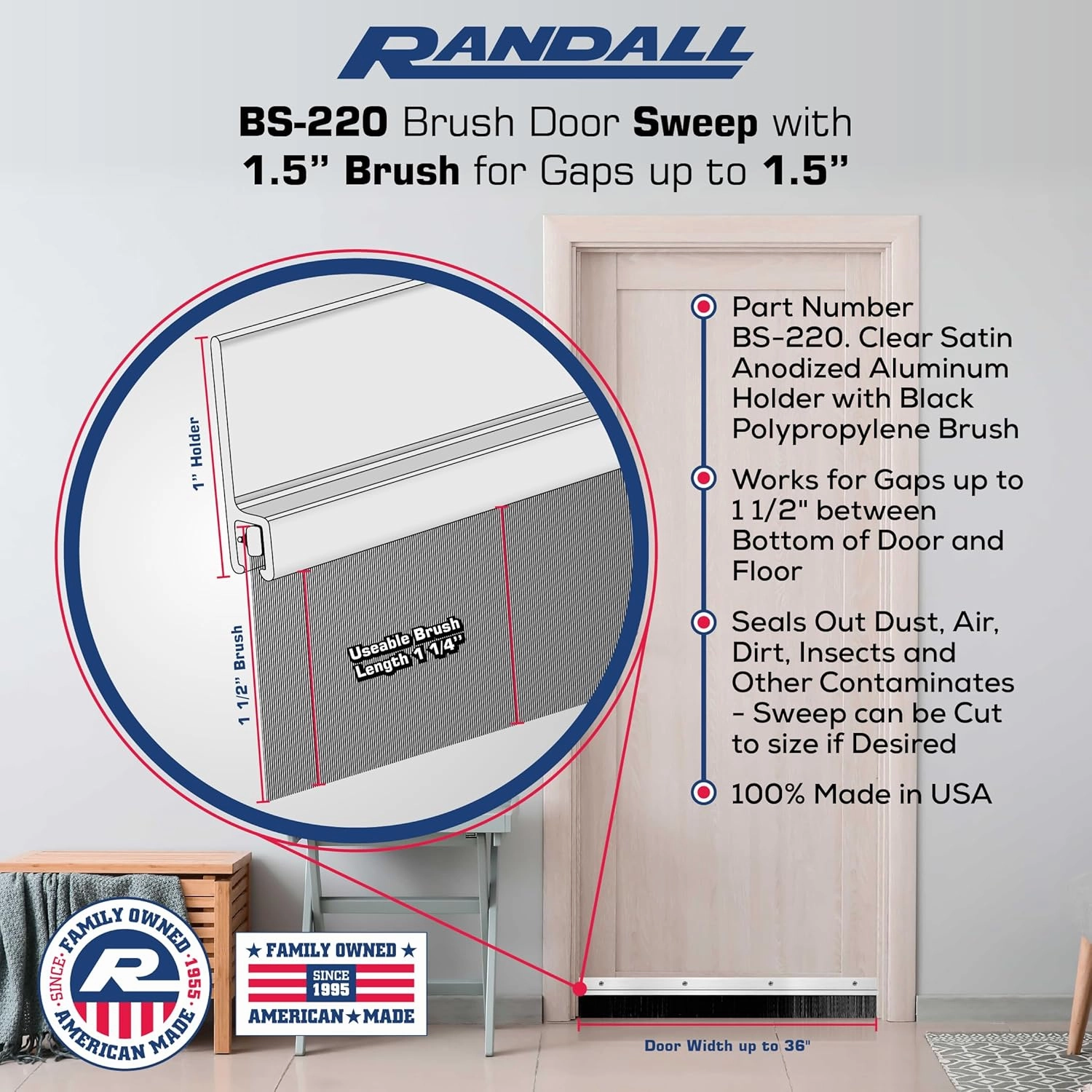 Randall Manufacturing Co., Inc | Door Sweeps – Aluminum & Brush | Brush Sweeps for Gaps Up to 1 1/2” | Clear Satin Anodized Trim with Black Brush | 3 Feet | Fill Gaps & Keep Unwanted Debris Out