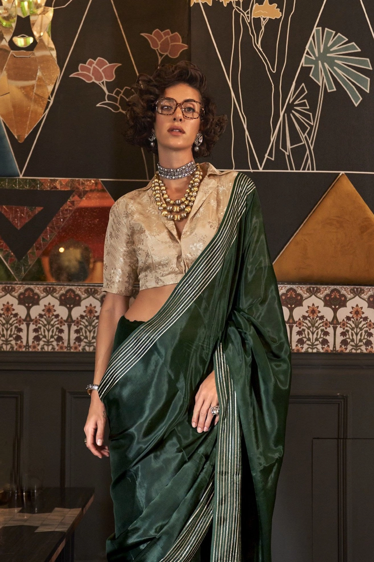 Rangitoto Green Viscose Satin Handloom Saree