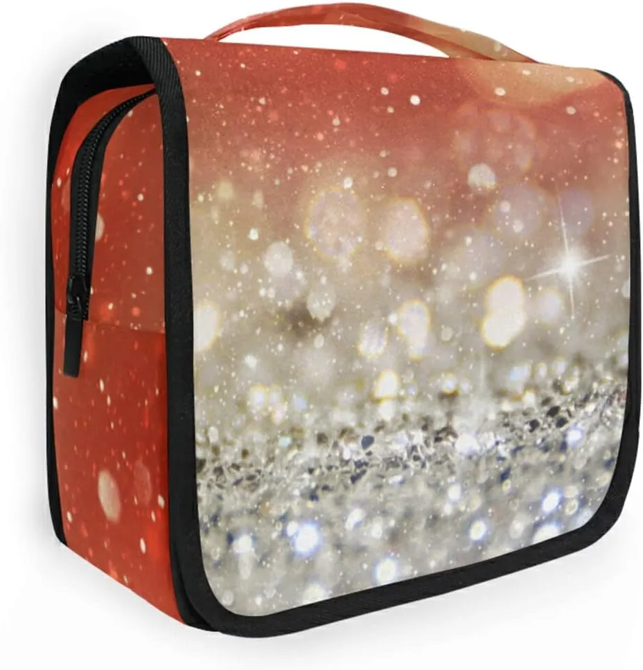 Red and Silver White Christmas Glowing Backdrop Blinking Stars Blur Hanging Wash Gargle Toiletry Bag Travel Cosmetic Makeup Case Organizer Storage Large Portable