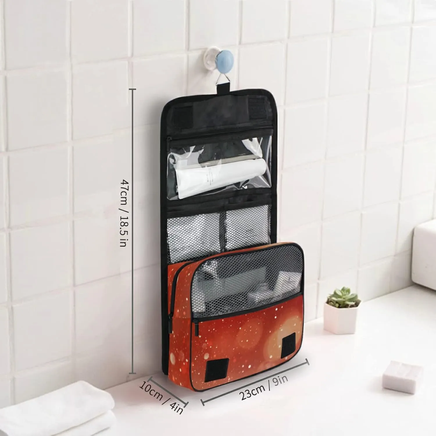Red and Silver White Christmas Glowing Backdrop Blinking Stars Blur Hanging Wash Gargle Toiletry Bag Travel Cosmetic Makeup Case Organizer Storage Large Portable