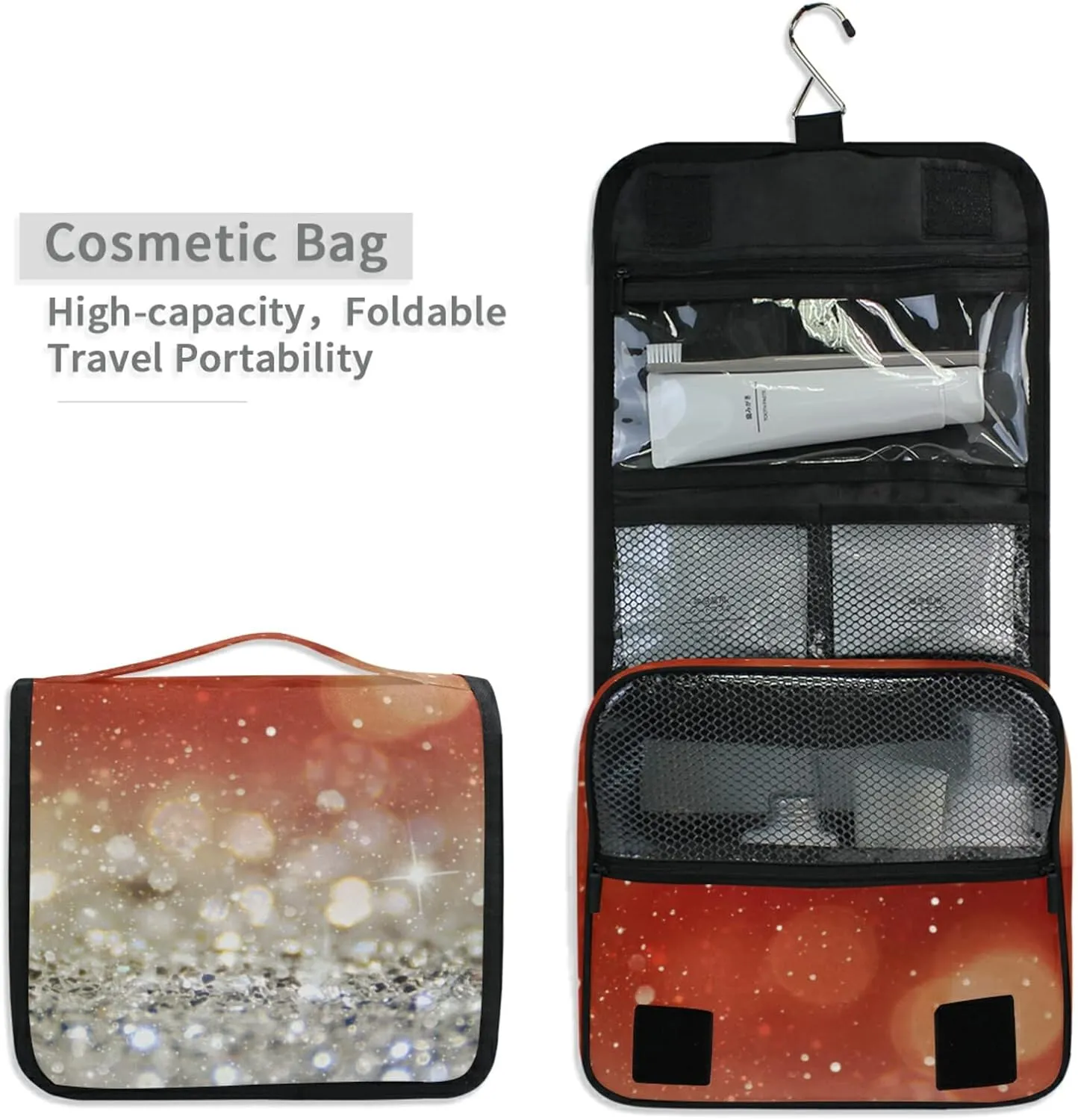 Red and Silver White Christmas Glowing Backdrop Blinking Stars Blur Hanging Wash Gargle Toiletry Bag Travel Cosmetic Makeup Case Organizer Storage Large Portable