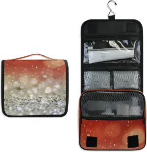Red and Silver White Christmas Glowing Backdrop Blinking Stars Blur Hanging Wash Gargle Toiletry Bag Travel Cosmetic Makeup Case Organizer Storage Large Portable