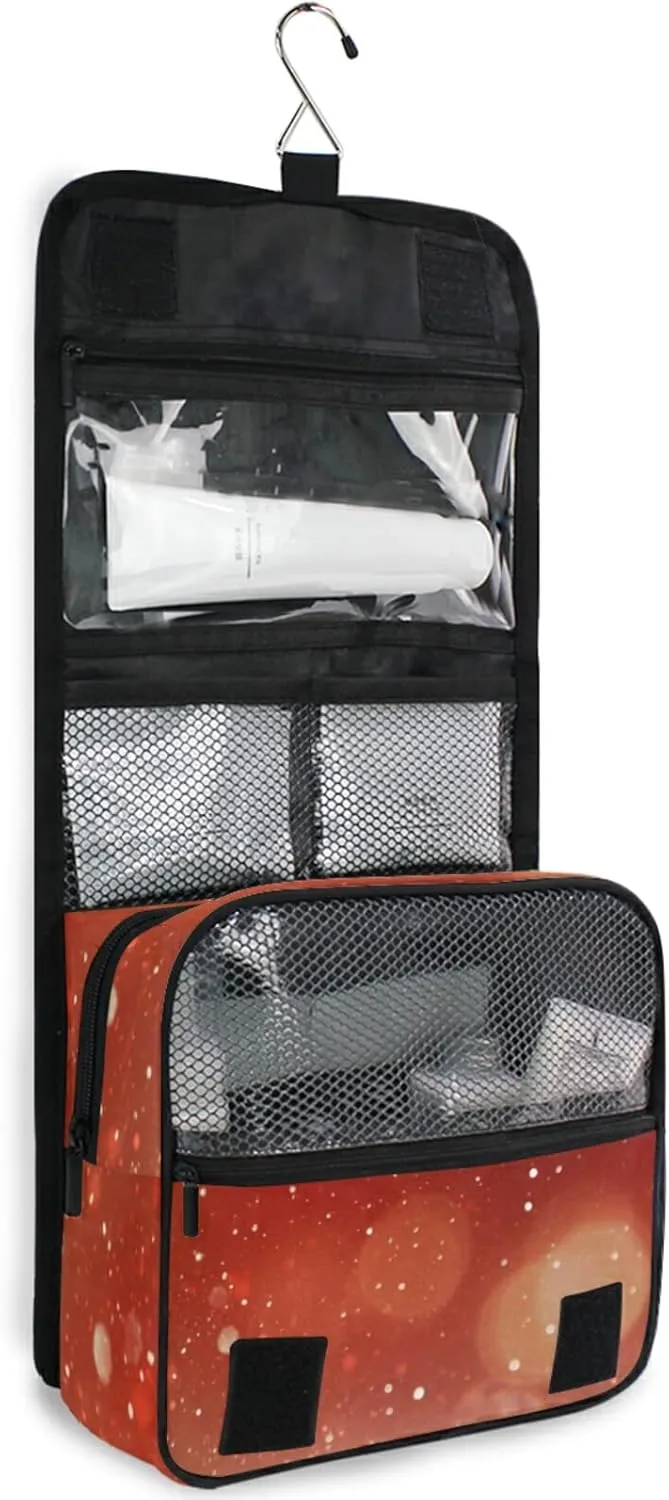 Red and Silver White Christmas Glowing Backdrop Blinking Stars Blur Hanging Wash Gargle Toiletry Bag Travel Cosmetic Makeup Case Organizer Storage Large Portable