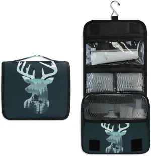 Reindeer Deer Head on Landscape with Trees and Mountains on Dark Hanging Wash Gargle Toiletry Bag Travel Cosmetic Makeup Case Organizer Storage Large Portable