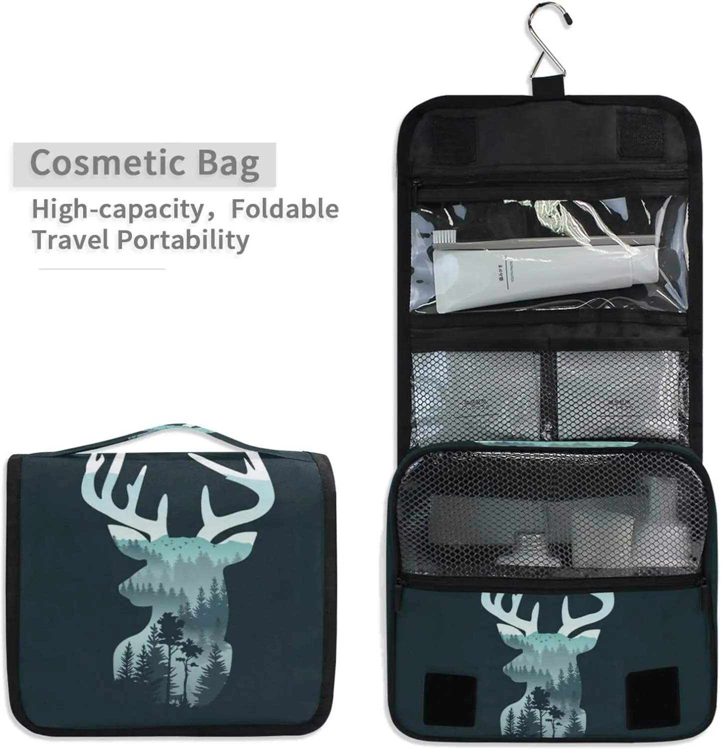 Reindeer Deer Head on Landscape with Trees and Mountains on Dark Hanging Wash Gargle Toiletry Bag Travel Cosmetic Makeup Case Organizer Storage Large Portable