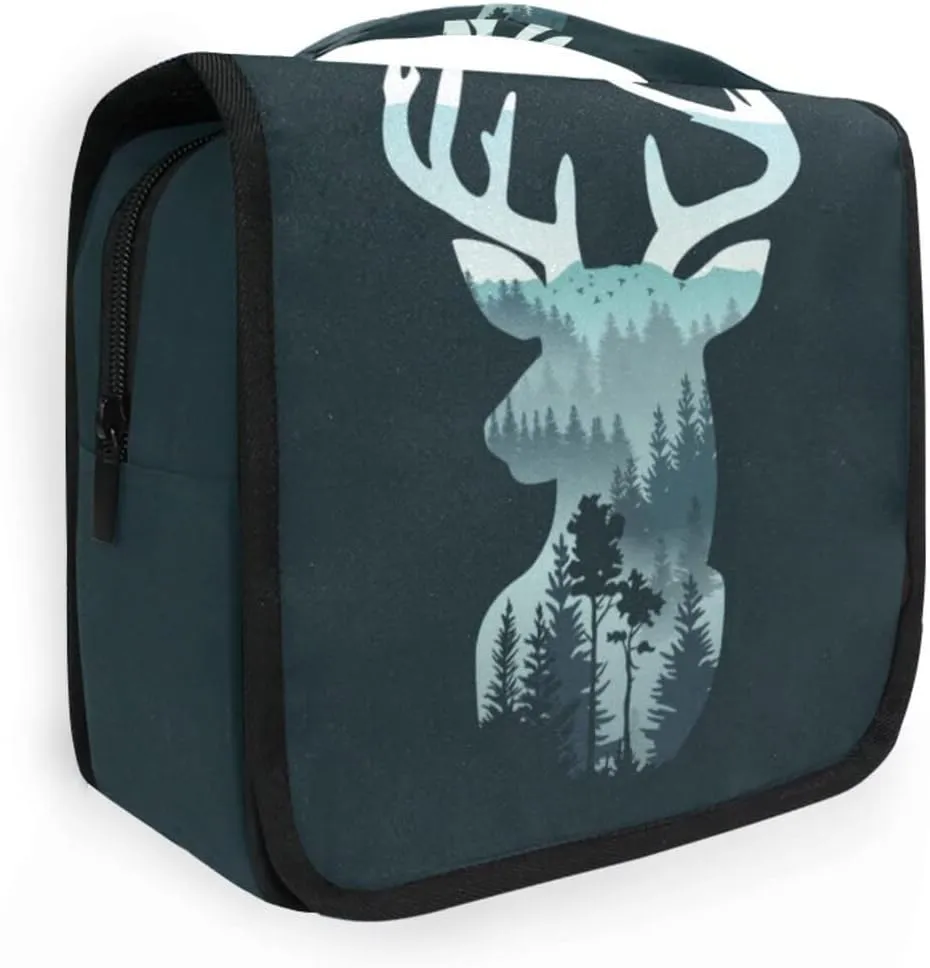 Reindeer Deer Head on Landscape with Trees and Mountains on Dark Hanging Wash Gargle Toiletry Bag Travel Cosmetic Makeup Case Organizer Storage Large Portable