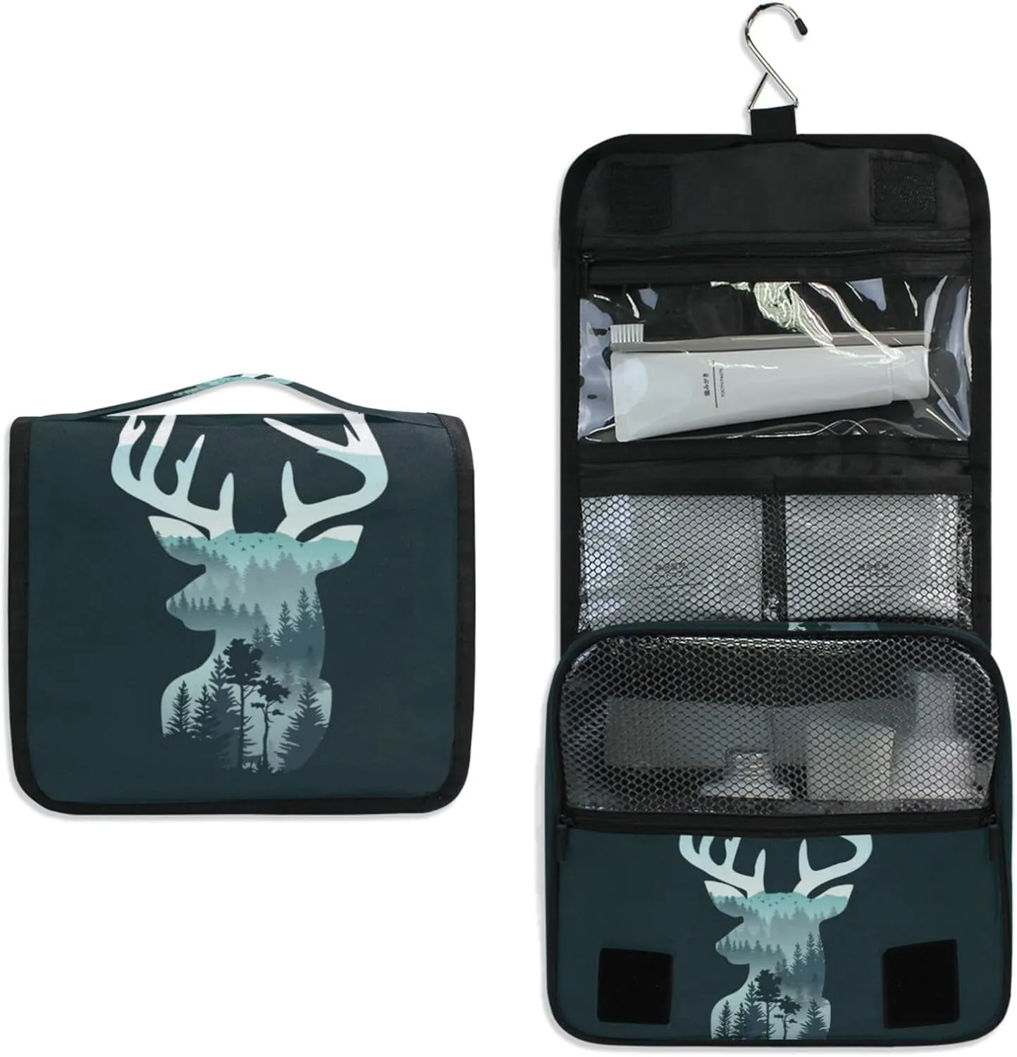 Reindeer Deer Head on Landscape with Trees and Mountains on Dark Hanging Wash Gargle Toiletry Bag Travel Cosmetic Makeup Case Organizer Storage Large Portable