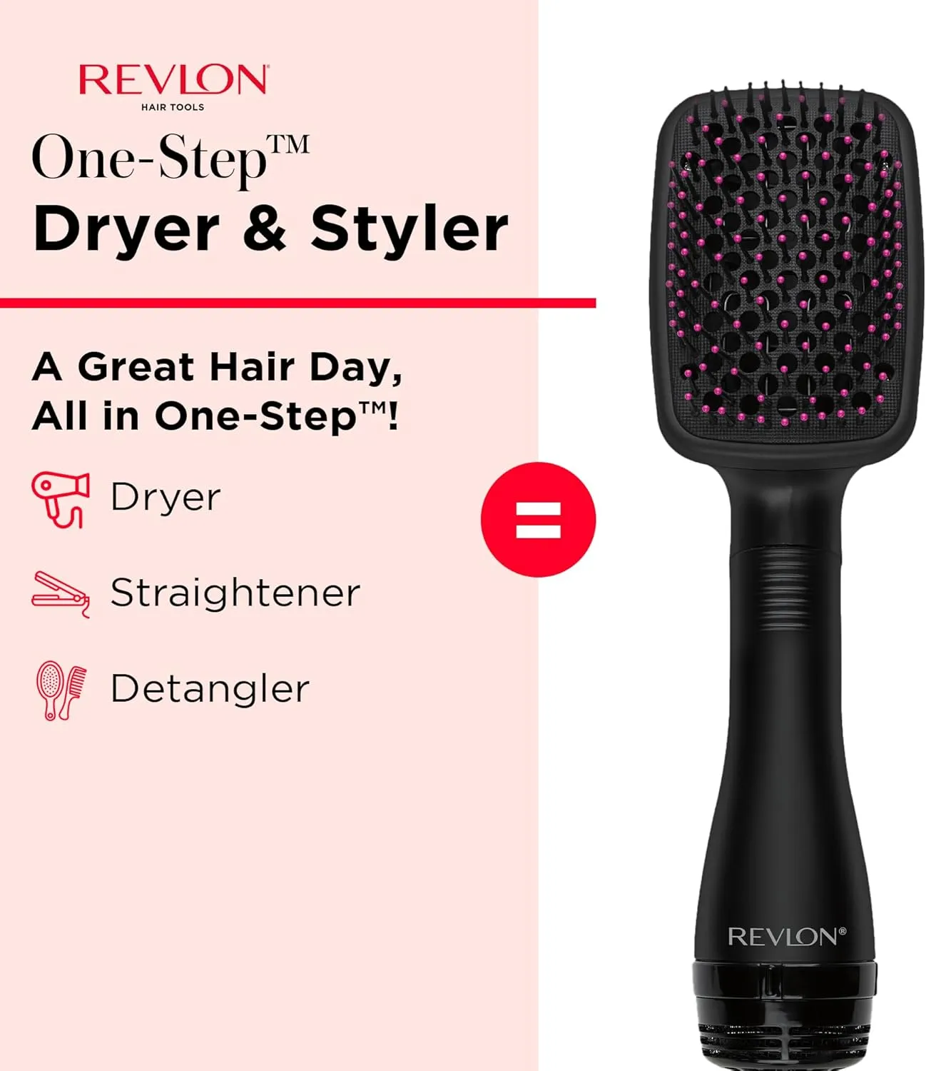 REVLON One-Step Hair Dryer and Styler, All-in-One Detangling and Straightener Brush for Salon-Quality Smooth, Straight Hair, More Shine and Less Frizz, Black