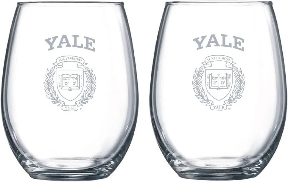 R.F.S.J. Yale University Etched Satin Logo Wine or Beverage Glass Set of 2, Clear, 15 oz, (1268)