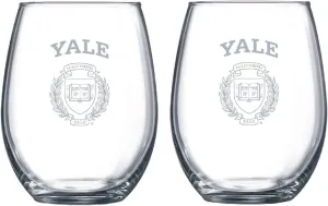 R.F.S.J. Yale University Etched Satin Logo Wine or Beverage Glass Set of 2, Clear, 15 oz, (1268)