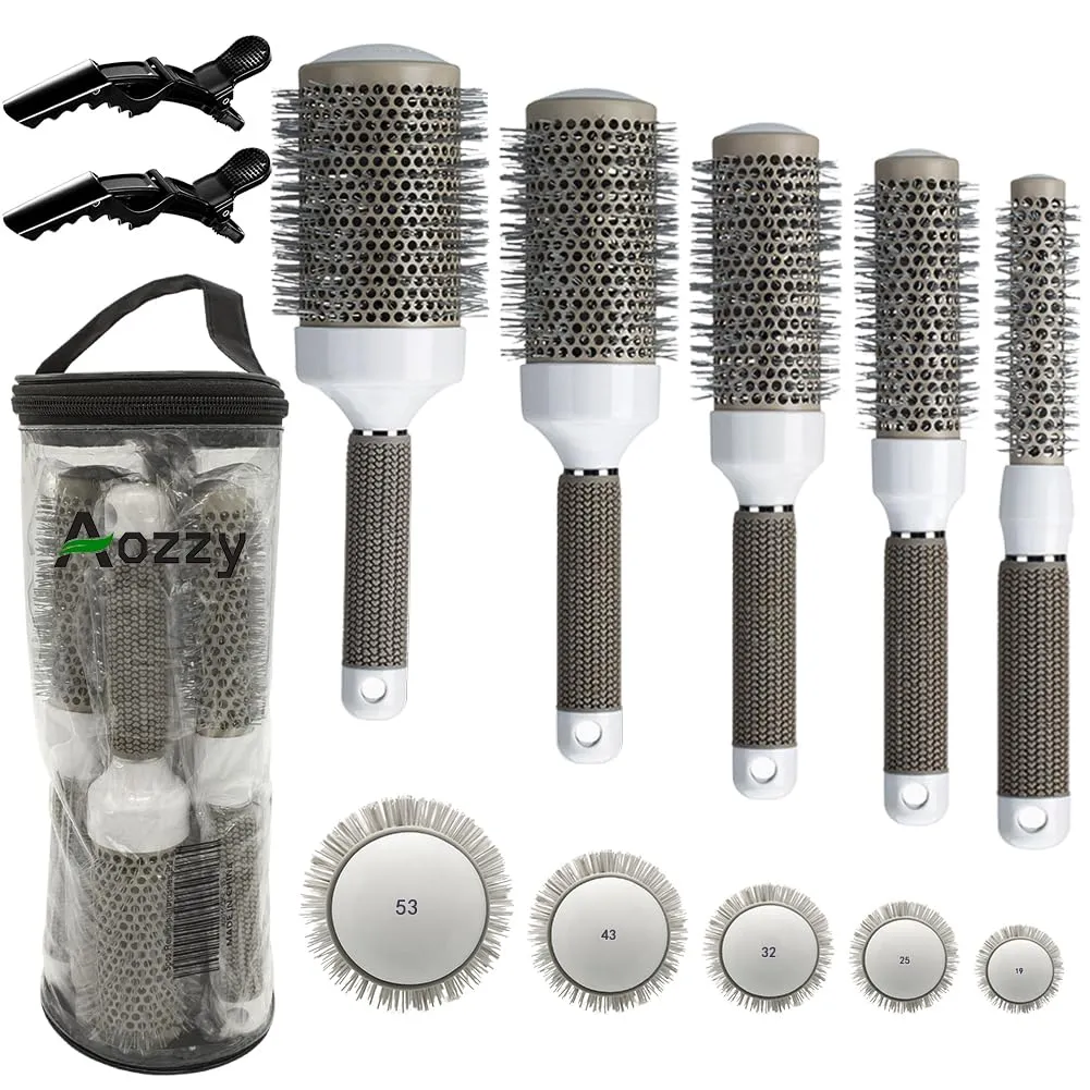 Round Brush Set for Blow Drying Curling, Professional Ceramic Ion Thermal Barrel Brush Leaves Hair Shiny Heat Styling Brush 5 Different Sizes Works Very Well with The Blow Dryer