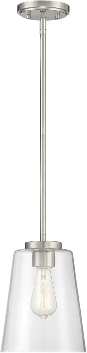 Savoy House 7-1027-1-SN Calhoun Modern Clear Glass Bell Pendant, 1-Light 60 Watt, 11" H x 8" W, Satin Nickel