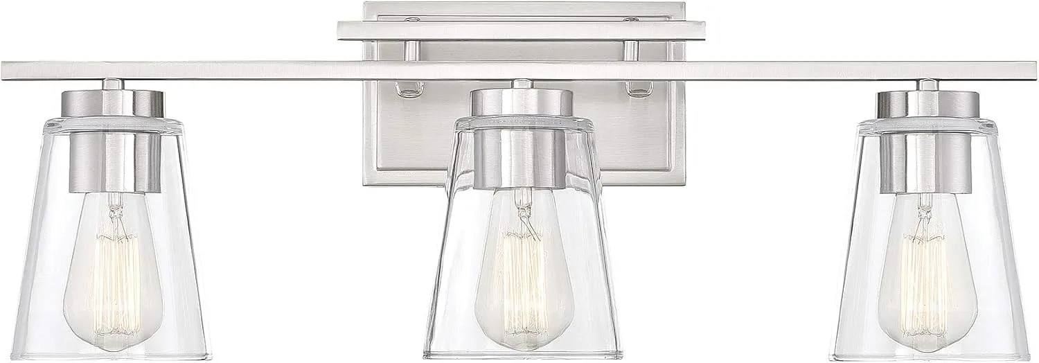 Savoy House 8-1020-3-SN Calhoun Modern Bohemian Clear Glass Bathroom Vanity Wall Light, 3-Light 180 Total Watts, 9" H x 24" W, Satin Nickel