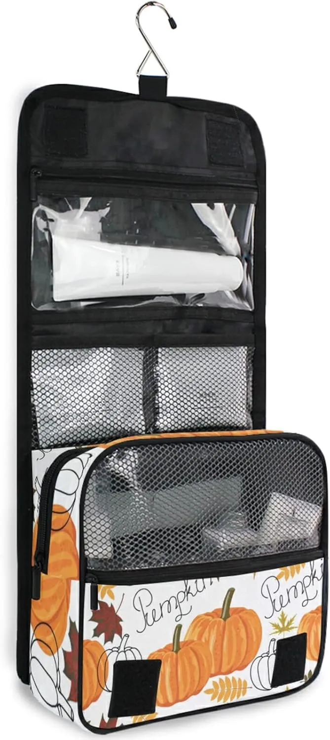 Seamless Autumn Leaves, Orange Pumpkins, Draft Pumpkins Hanging Wash Gargle Toiletry Bag Travel Cosmetic Makeup Case Organizer Storage Large Portable