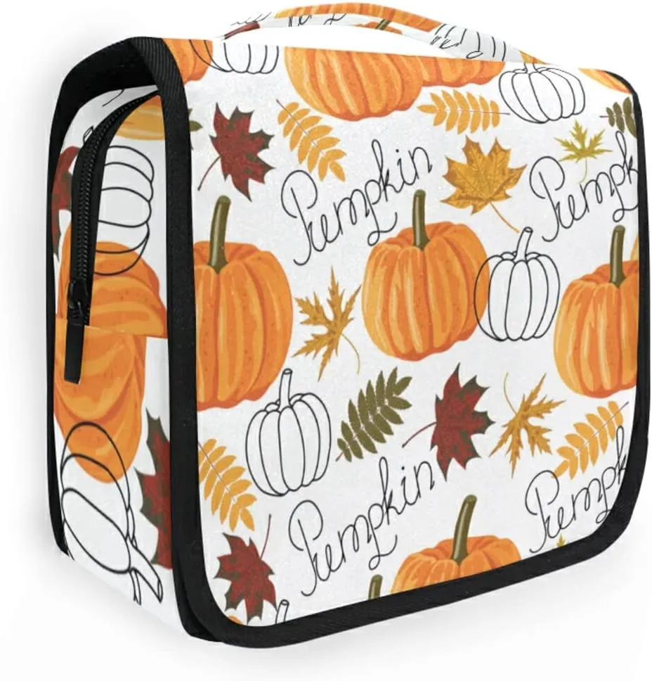 Seamless Autumn Leaves, Orange Pumpkins, Draft Pumpkins Hanging Wash Gargle Toiletry Bag Travel Cosmetic Makeup Case Organizer Storage Large Portable