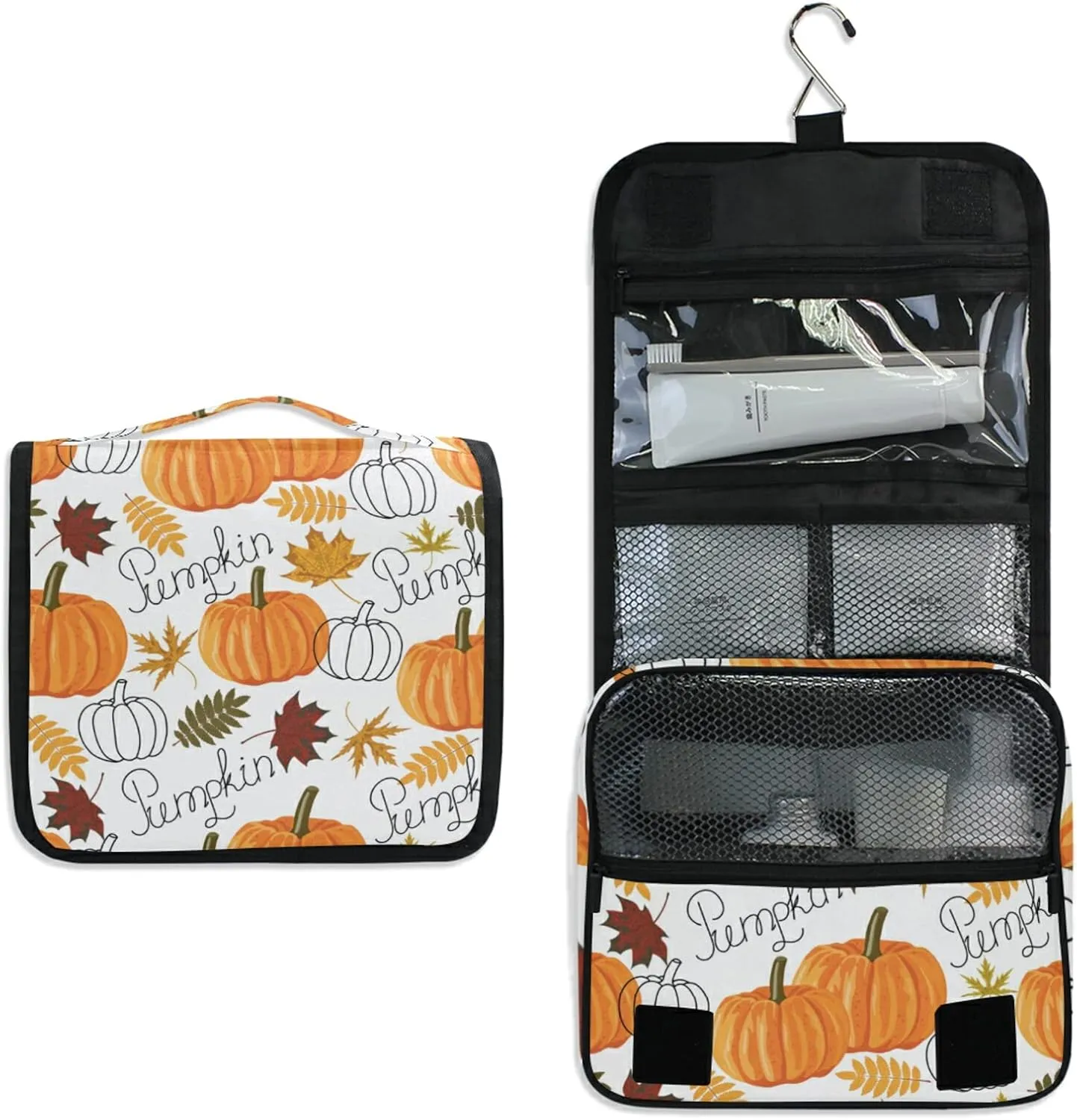 Seamless Autumn Leaves, Orange Pumpkins, Draft Pumpkins Hanging Wash Gargle Toiletry Bag Travel Cosmetic Makeup Case Organizer Storage Large Portable