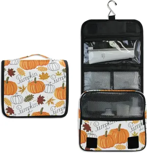 Seamless Autumn Leaves, Orange Pumpkins, Draft Pumpkins Hanging Wash Gargle Toiletry Bag Travel Cosmetic Makeup Case Organizer Storage Large Portable