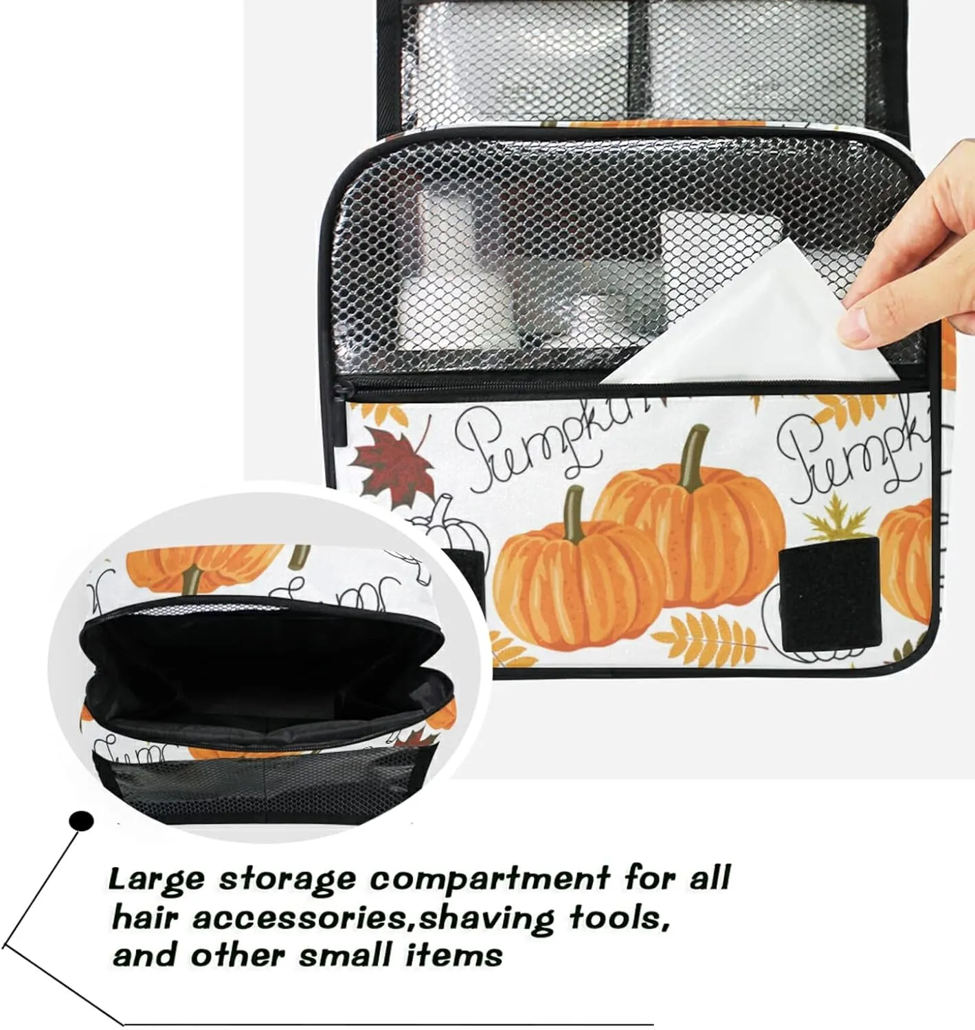Seamless Autumn Leaves, Orange Pumpkins, Draft Pumpkins Hanging Wash Gargle Toiletry Bag Travel Cosmetic Makeup Case Organizer Storage Large Portable