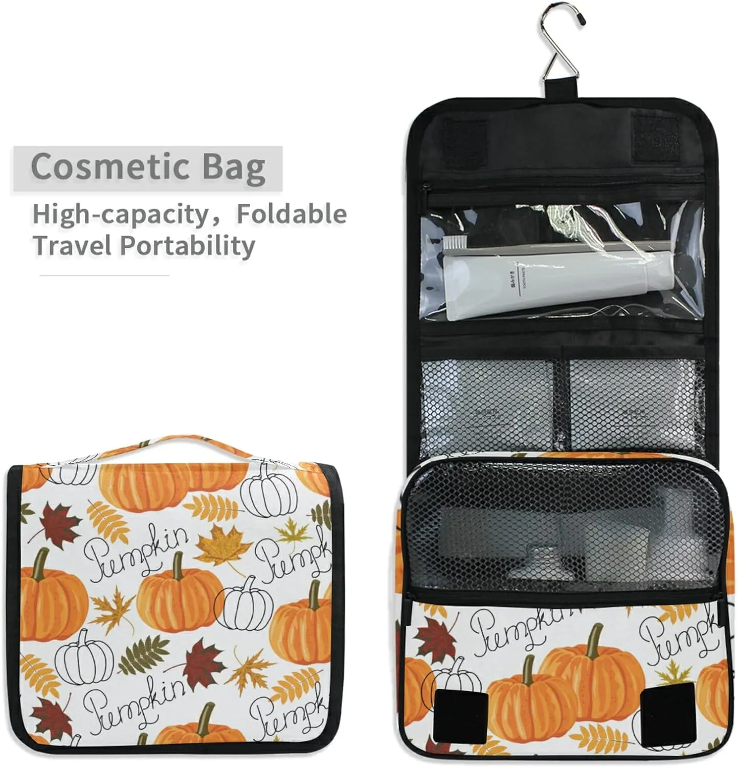 Seamless Autumn Leaves, Orange Pumpkins, Draft Pumpkins Hanging Wash Gargle Toiletry Bag Travel Cosmetic Makeup Case Organizer Storage Large Portable