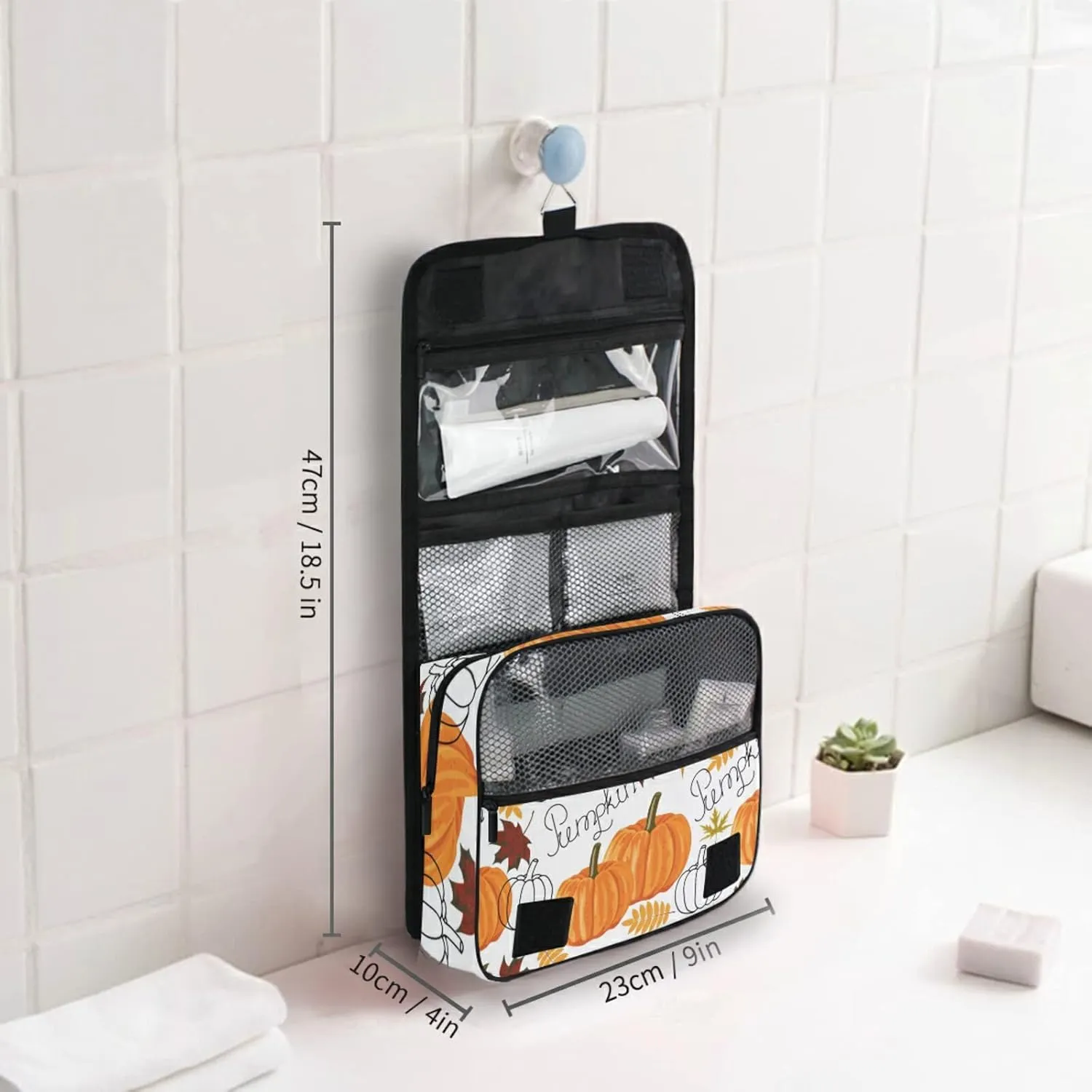 Seamless Autumn Leaves, Orange Pumpkins, Draft Pumpkins Hanging Wash Gargle Toiletry Bag Travel Cosmetic Makeup Case Organizer Storage Large Portable
