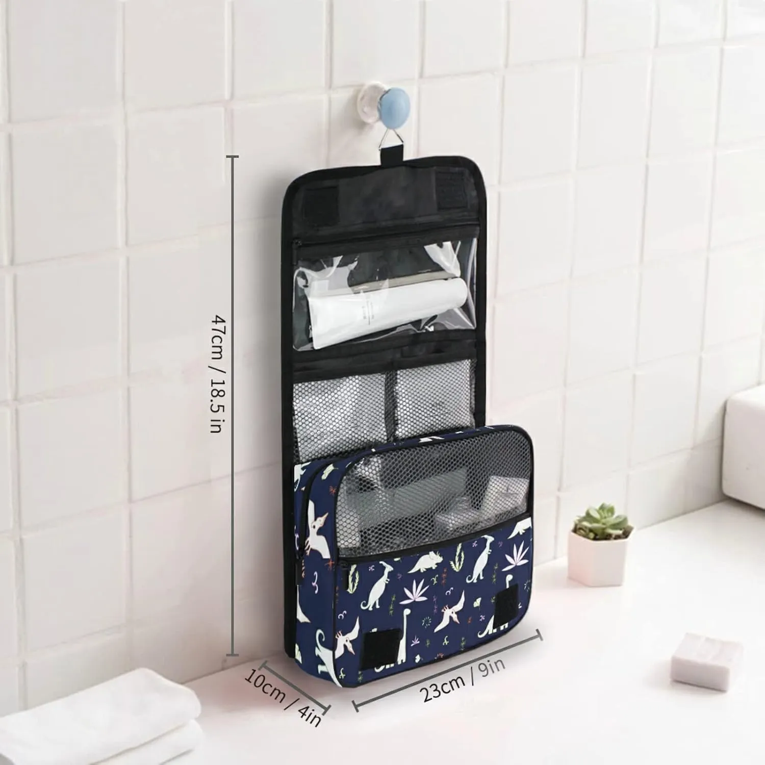 Seamless White Fern leaves, Bushes and Dinosaurs on Dark Hanging Wash Gargle Toiletry Bag Travel Cosmetic Makeup Case Organizer Storage Large Portable