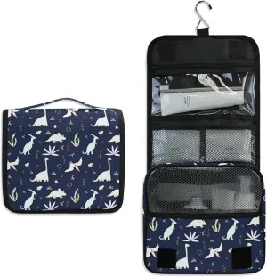 Seamless White Fern leaves, Bushes and Dinosaurs on Dark Hanging Wash Gargle Toiletry Bag Travel Cosmetic Makeup Case Organizer Storage Large Portable