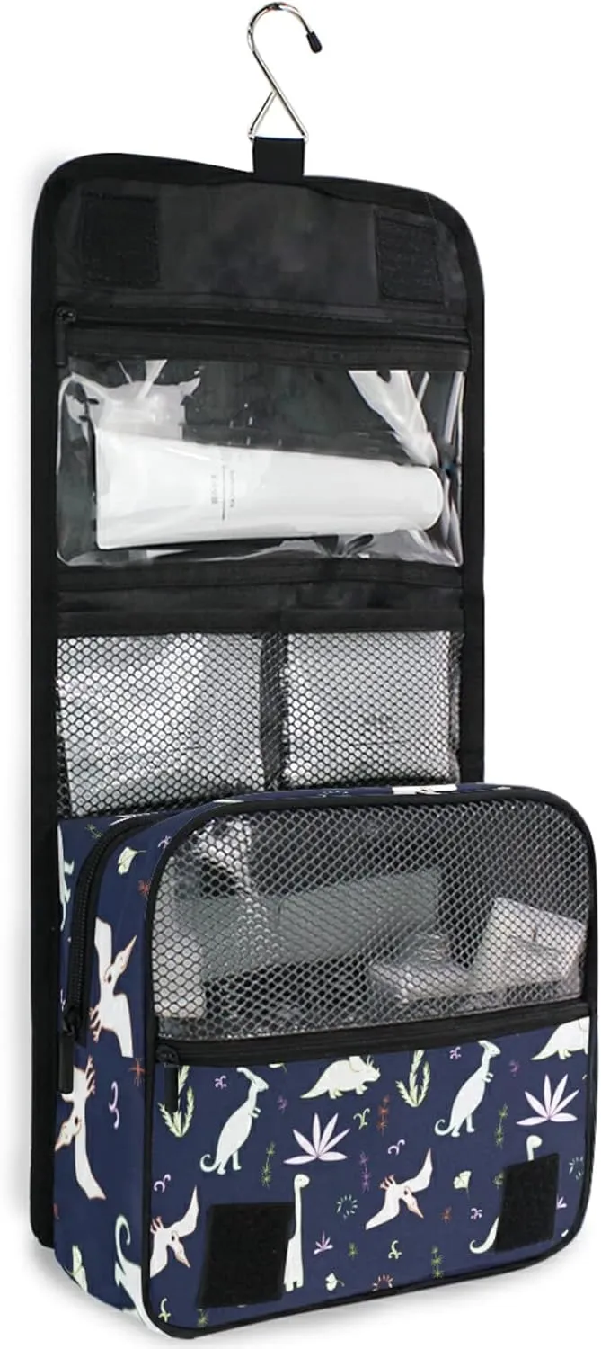 Seamless White Fern leaves, Bushes and Dinosaurs on Dark Hanging Wash Gargle Toiletry Bag Travel Cosmetic Makeup Case Organizer Storage Large Portable