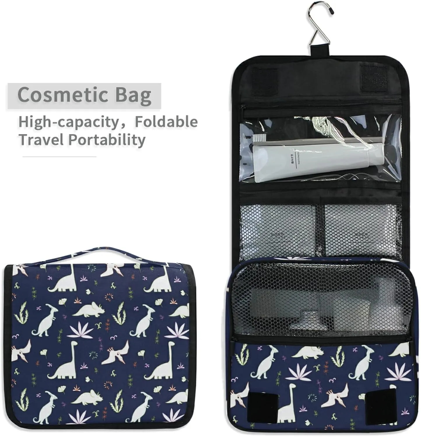 Seamless White Fern leaves, Bushes and Dinosaurs on Dark Hanging Wash Gargle Toiletry Bag Travel Cosmetic Makeup Case Organizer Storage Large Portable