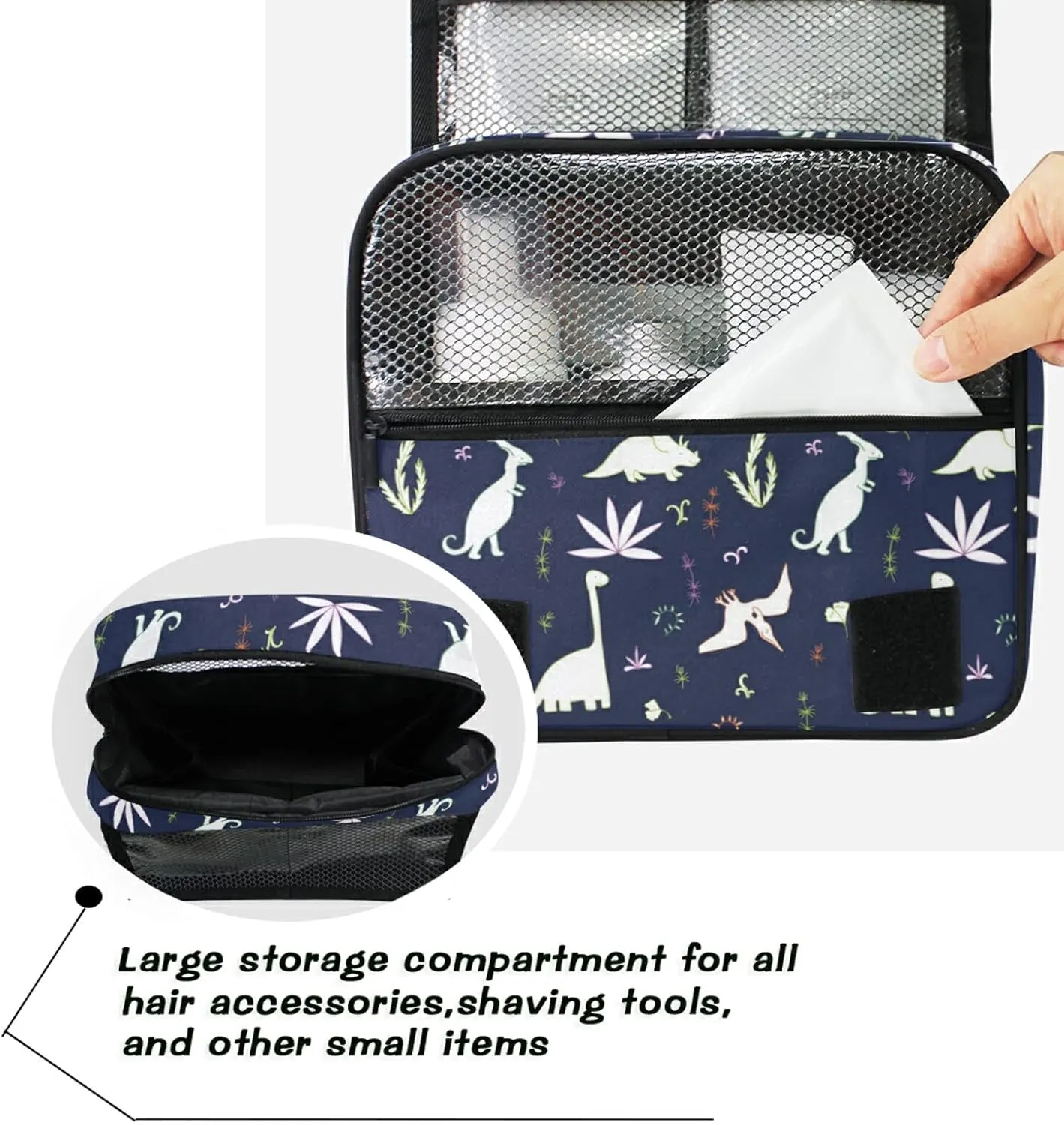 Seamless White Fern leaves, Bushes and Dinosaurs on Dark Hanging Wash Gargle Toiletry Bag Travel Cosmetic Makeup Case Organizer Storage Large Portable