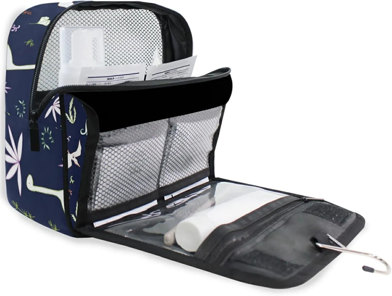 Seamless White Fern leaves, Bushes and Dinosaurs on Dark Hanging Wash Gargle Toiletry Bag Travel Cosmetic Makeup Case Organizer Storage Large Portable