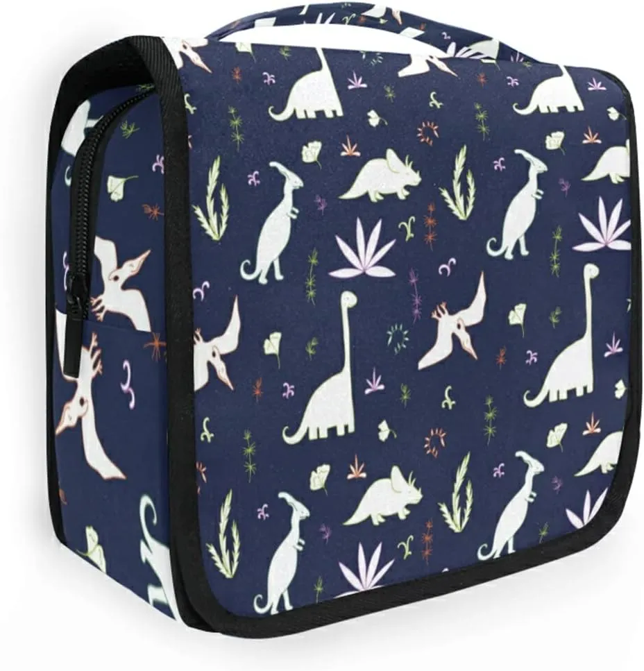 Seamless White Fern leaves, Bushes and Dinosaurs on Dark Hanging Wash Gargle Toiletry Bag Travel Cosmetic Makeup Case Organizer Storage Large Portable
