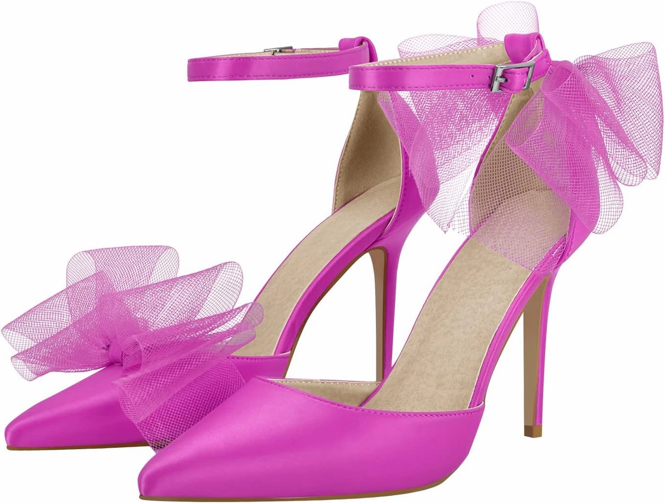 sexytag Women's Bow Heel Ankle Strap Pointed Toe Sexy Stiletto High Heels Pumps Satin Wedding Dress Party Sandals