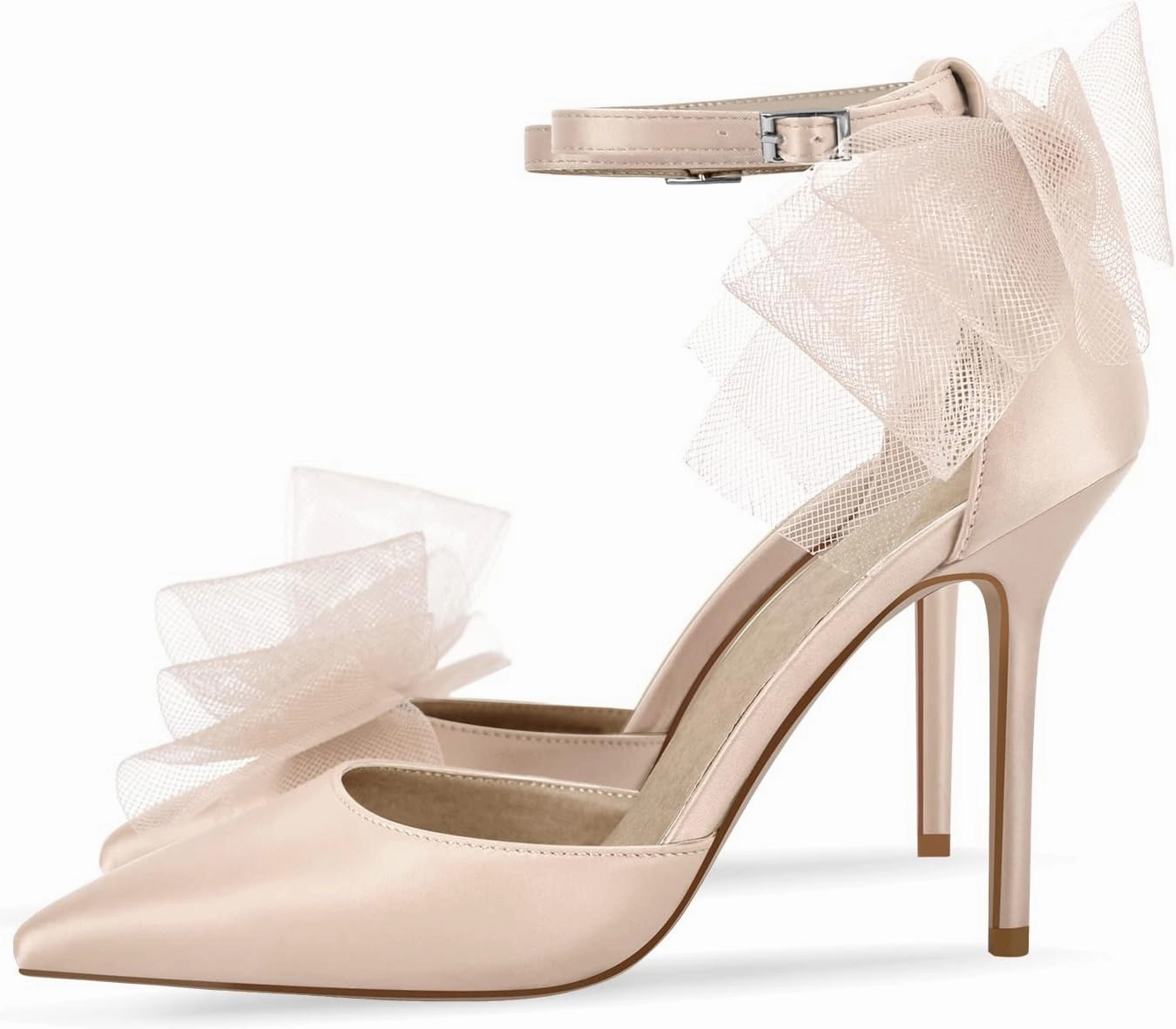 sexytag Women's Bow Heel Ankle Strap Pointed Toe Sexy Stiletto High Heels Pumps Satin Wedding Dress Party Sandals