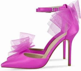 sexytag Women's Bow Heel Ankle Strap Pointed Toe Sexy Stiletto High Heels Pumps Satin Wedding Dress Party Sandals