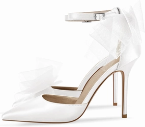 sexytag Women's Bow Heel Ankle Strap Pointed Toe Sexy Stiletto High Heels Pumps Satin Wedding Dress Party Sandals