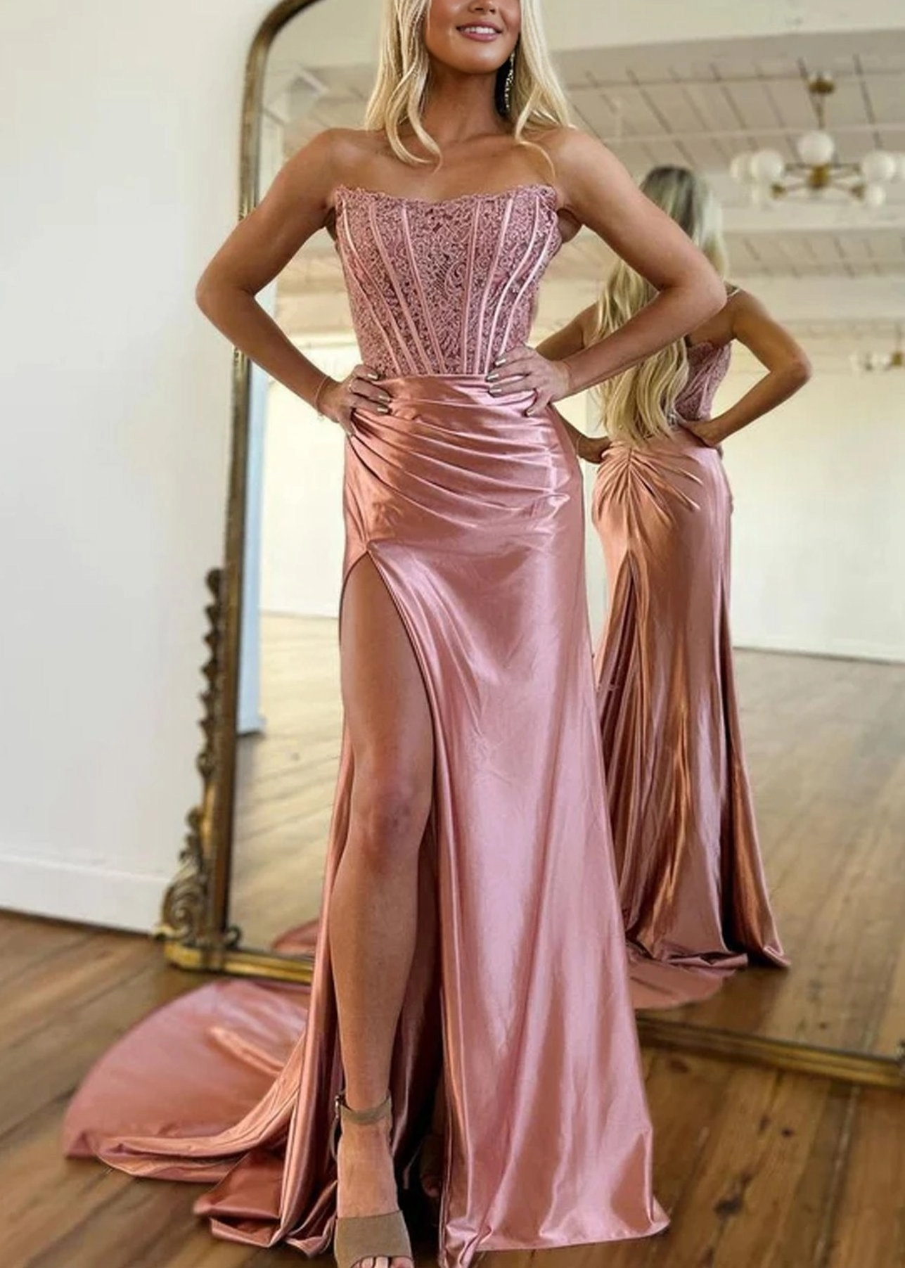 Sheath Strapless Corset Satin Prom Dress with Slit
