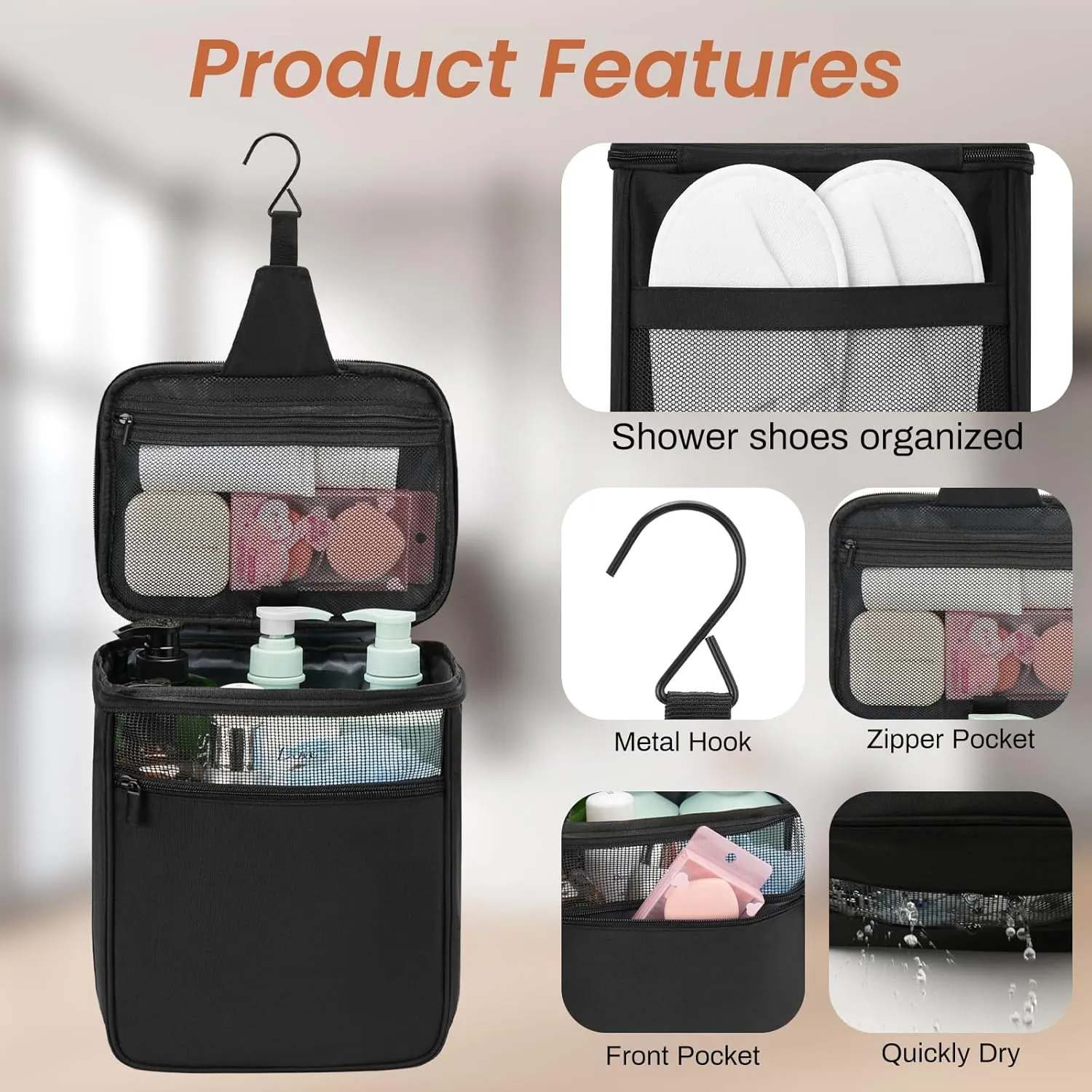 Shower Caddy Mesh Shower Bag Portable College Dorm Room Essentials for Guys Girls,Hanging Shower Organizer for Camping,Traveling,Gym,Men,Women,Black