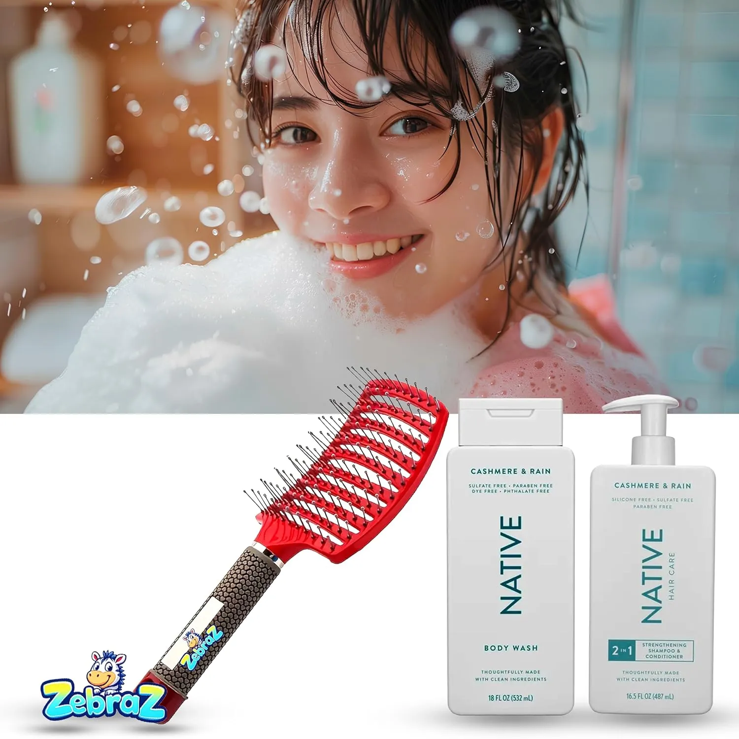 Shower Kit – Cashmere & Rain - 2-in-1 Shampoo & Conditioner   Body Wash   Single, Ventilated Hairbrush – 1 Kit