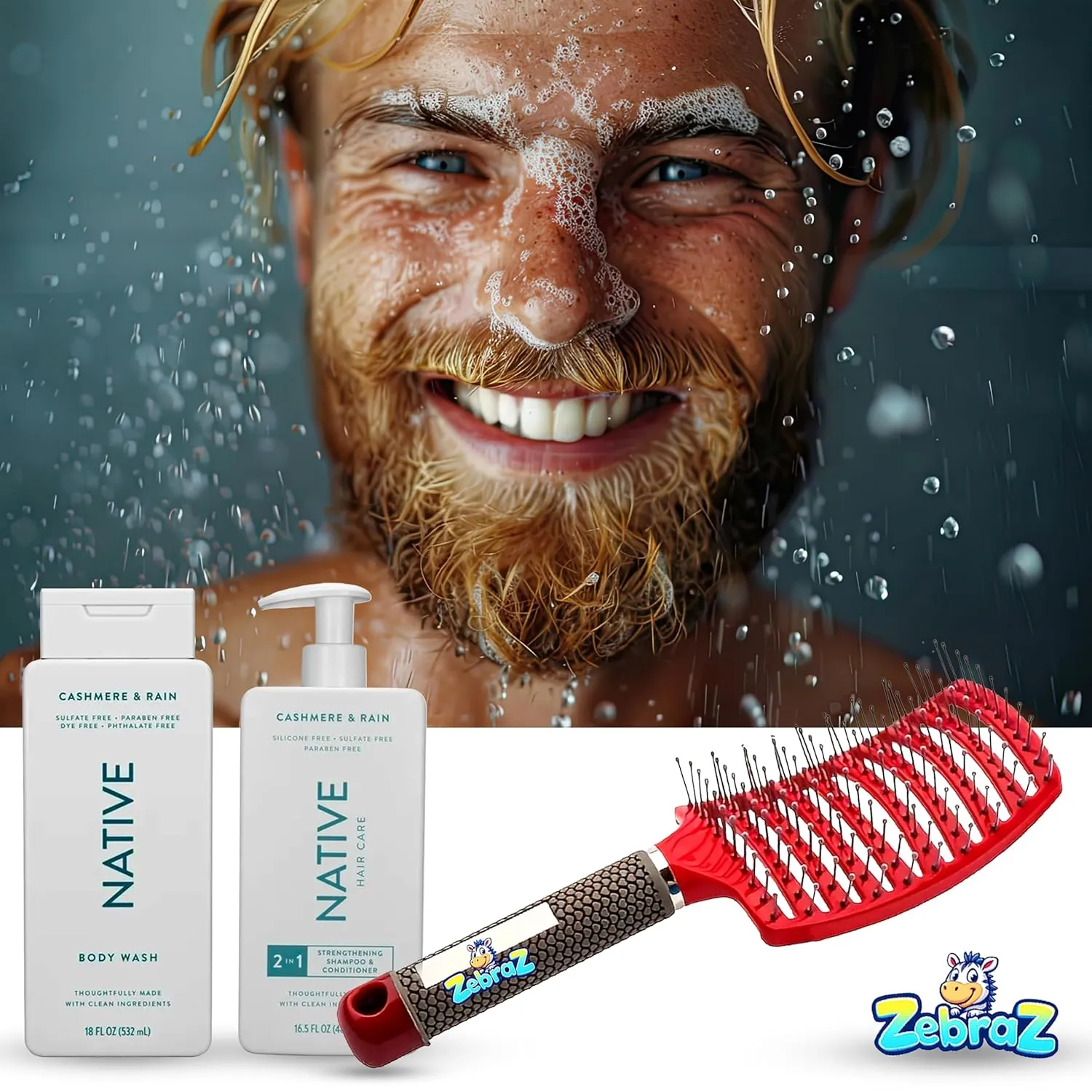 Shower Kit – Cashmere & Rain - 2-in-1 Shampoo & Conditioner   Body Wash   Single, Ventilated Hairbrush – 1 Kit
