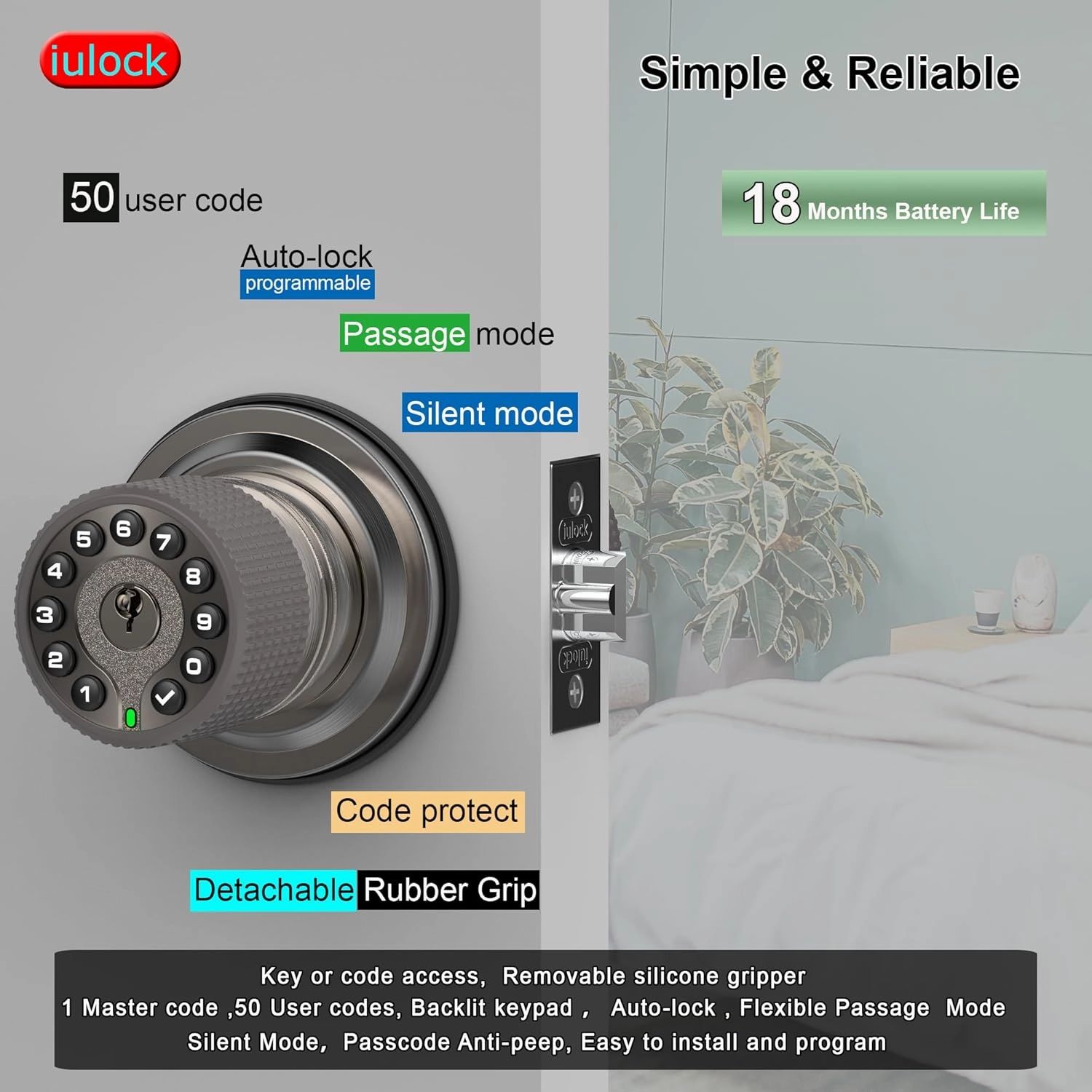 Smart Door Knob with Keypad and Key,Keyless Entry Door Lock with Rubber Grip, Auto Lock,50 User Code,Waterproof, Easy to Install and Program for Bedroom Garage Office Gate (Satin Nickel)