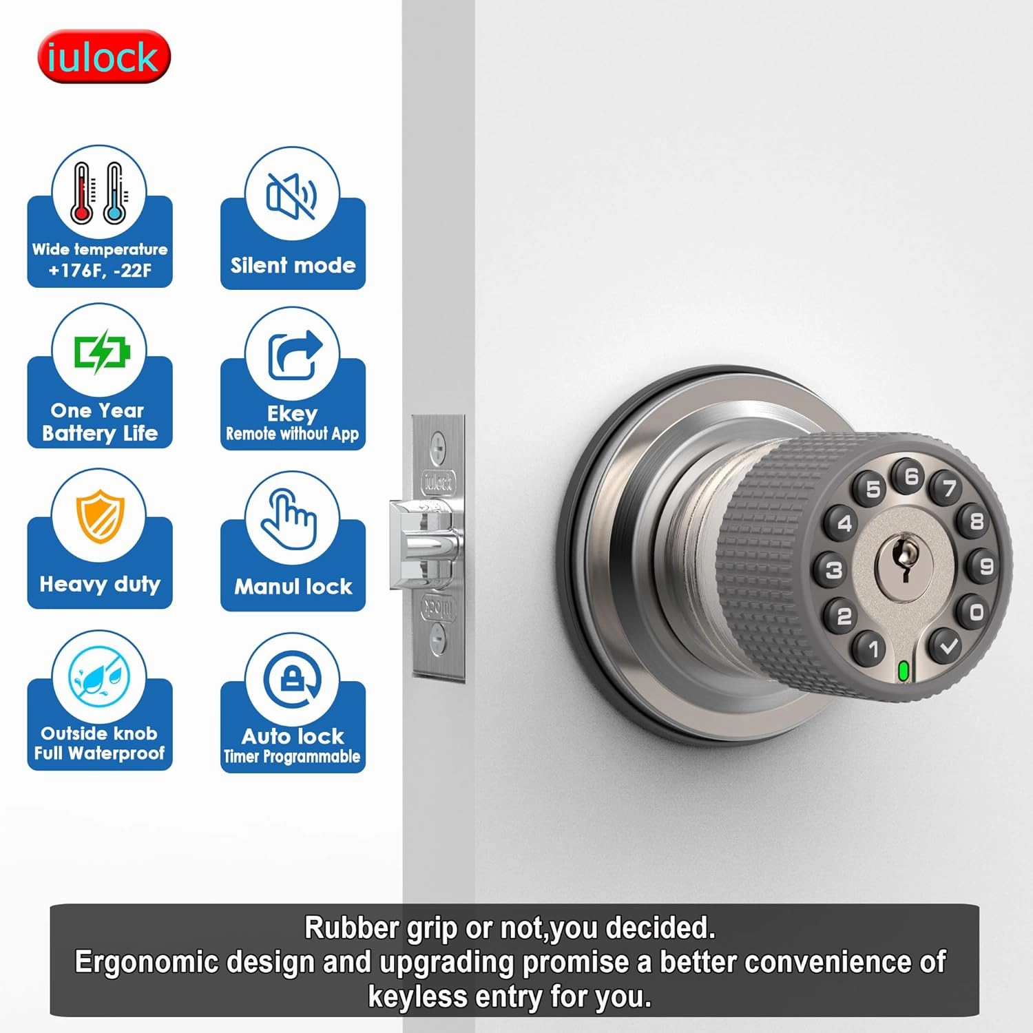 Smart Door Knob with Keypad and Key,Keyless Entry Door Lock with Rubber Grip, Auto Lock,50 User Code,Waterproof, Easy to Install and Program for Bedroom Garage Office Gate (Satin Nickel)