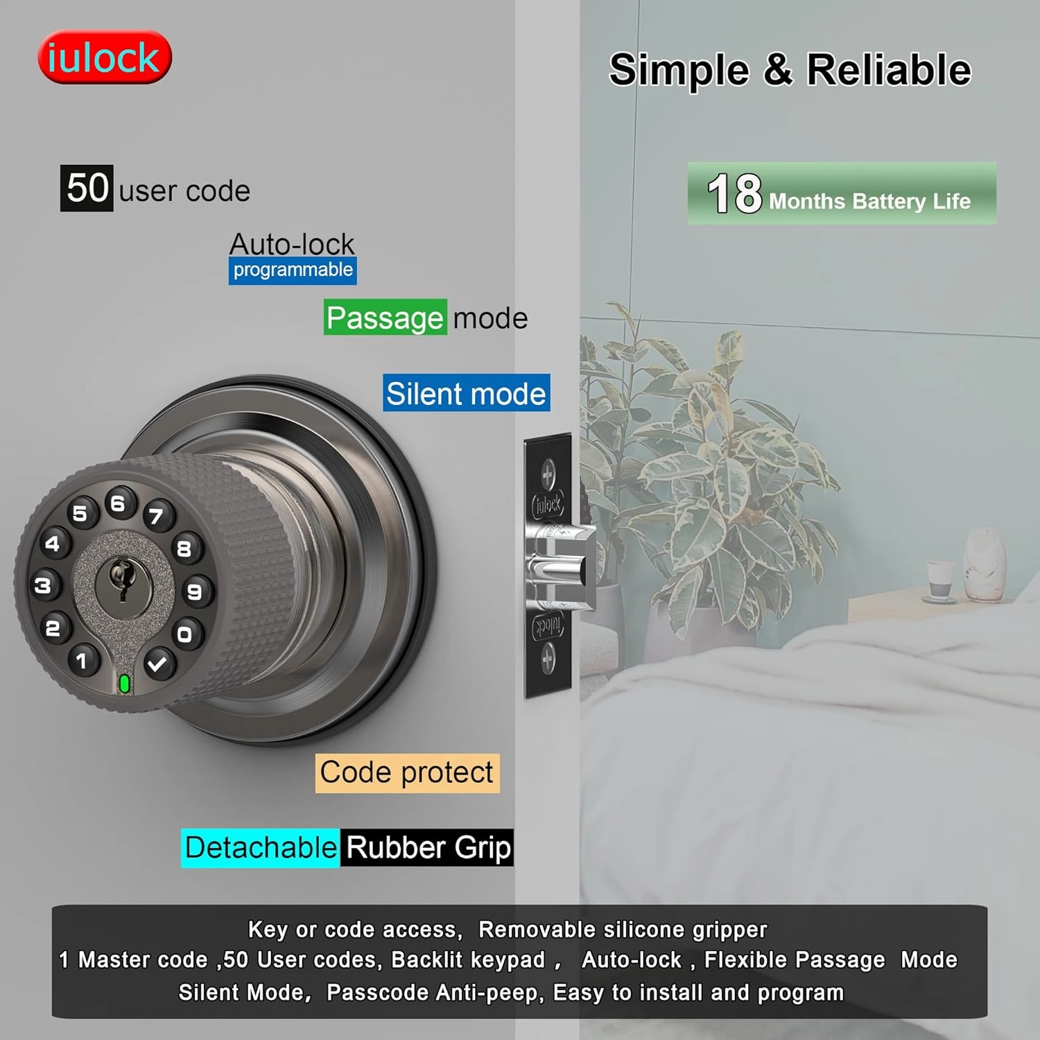 Smart Door Knob with Keypad and Key,Keyless Entry Door Lock with Rubber Grip, Auto Lock,50 User Code,Waterproof, Easy to Install and Program for Bedroom Garage Office Gate (Satin Nickel)